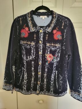 Johnny Was Wool Navy and White Knit Collared Cardigan Medium